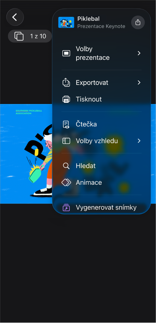 Aplikace Keynote s volbami exportu otevřenými v nabídce Více na panelu nástrojů