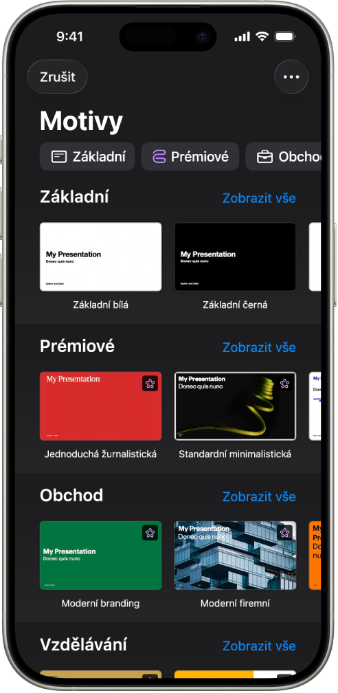 &nbsp;Okno pro výběr motivů s&nbsp;řádkem kategorií u&nbsp;horního okraje; klepnutím na ně můžete filtrovat možnosti pro výběr. Pod tím jsou miniatury předdefinovaných motivů, uspořádané v&nbsp;řádcích podle kategorií.
