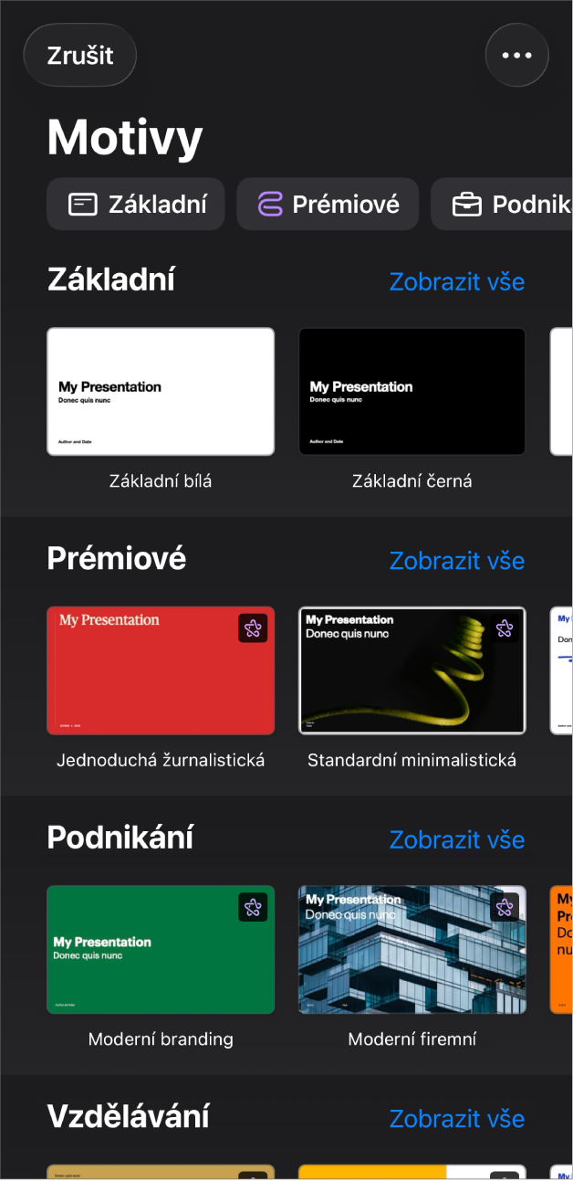 Okno pro výběr motivů s řádkem kategorií u horního okraje; klepnutím na ně můžete filtrovat možnosti pro výběr. Pod tím jsou miniatury předdefinovaných motivů, uspořádané v řádcích podle kategorií.