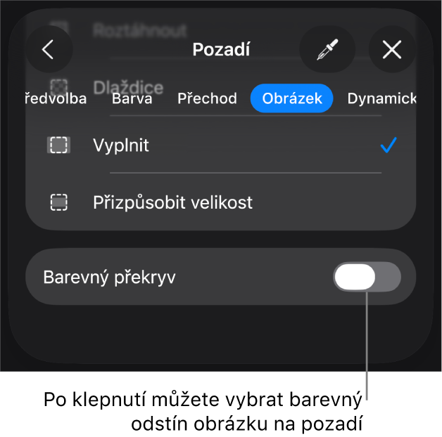 Ovládací prvky Pozadí kde je vidět obrázek nastavený jako pozadí snímku a dole ovládací prvek Barevný překryv