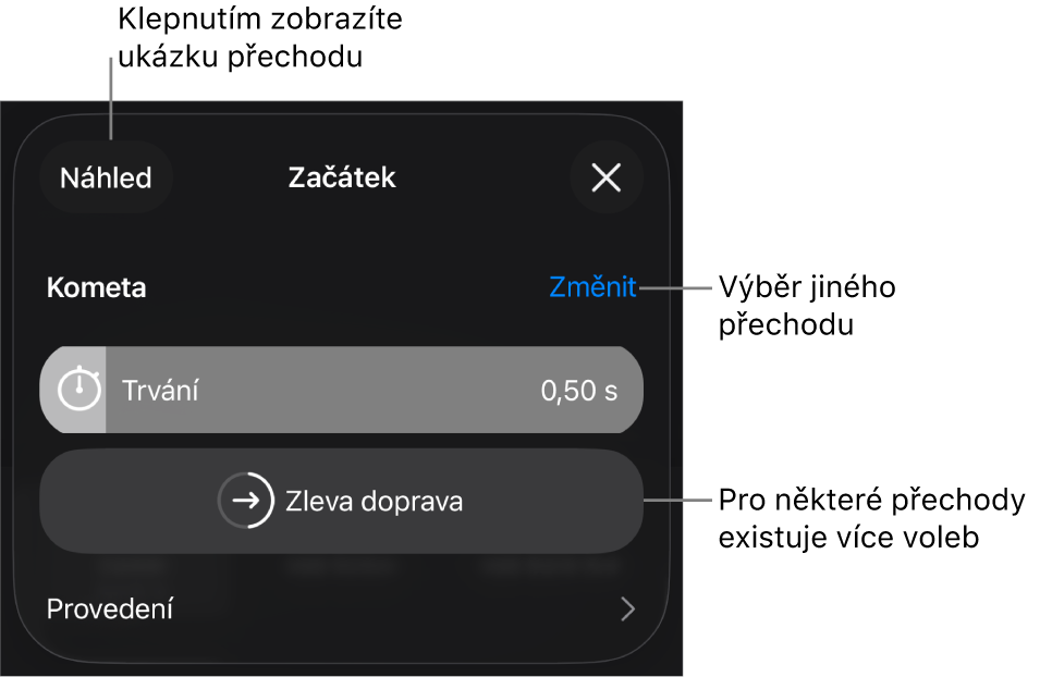 Ovládací prvky pro úpravu přechodu na panelu Volby