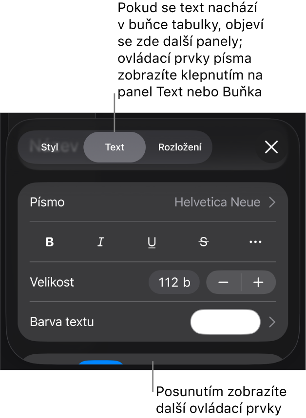 Ovládací prvky pro text v nabídce Formát pro nastavení stylů, písma, velikosti a barvy odstavce a znaků