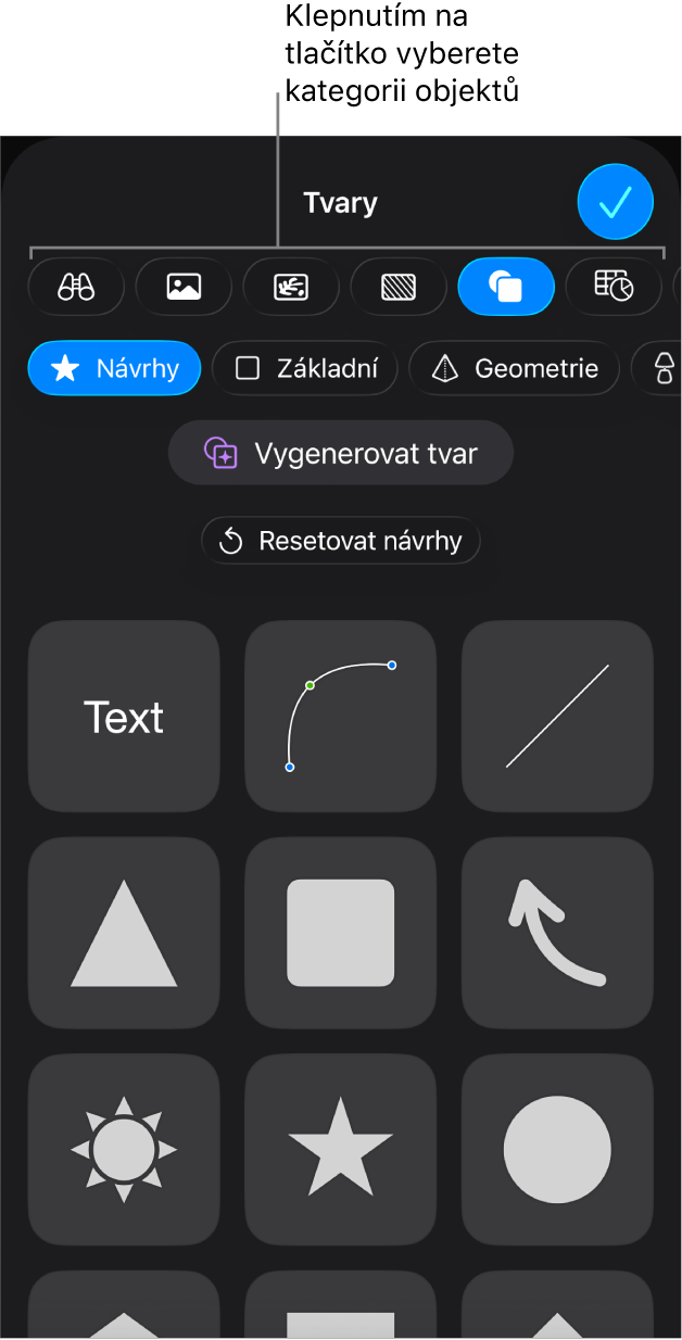 Ovládací prvky pro přidání objektu. V horní části se nacházejí tlačítka sloužící k výběru tabulek, grafů, tvarů (včetně čar a textových rámečků) a médií.