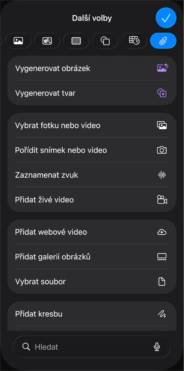 Nabídka Média zobrazující tlačítka pro přidání a nahrání různých mediálních objektů