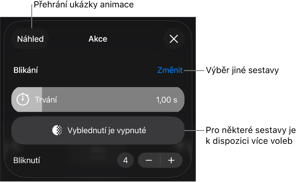 K volbám sestavy patří Trvání a Prodleva začátku Chcete-li vybrat jinou sestavu, klepněte na Změnit. Klepnutím na Náhled spustíte náhled sestavy
