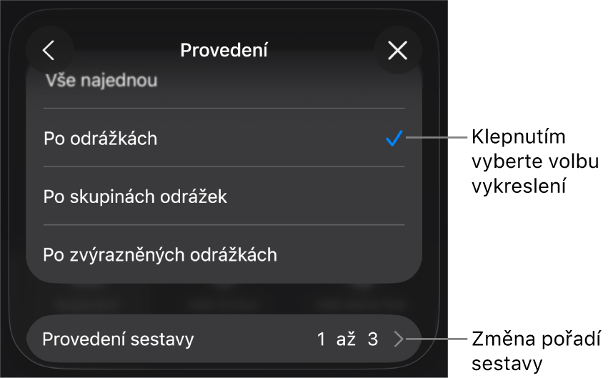 Možnosti provedení na panelu Začátek