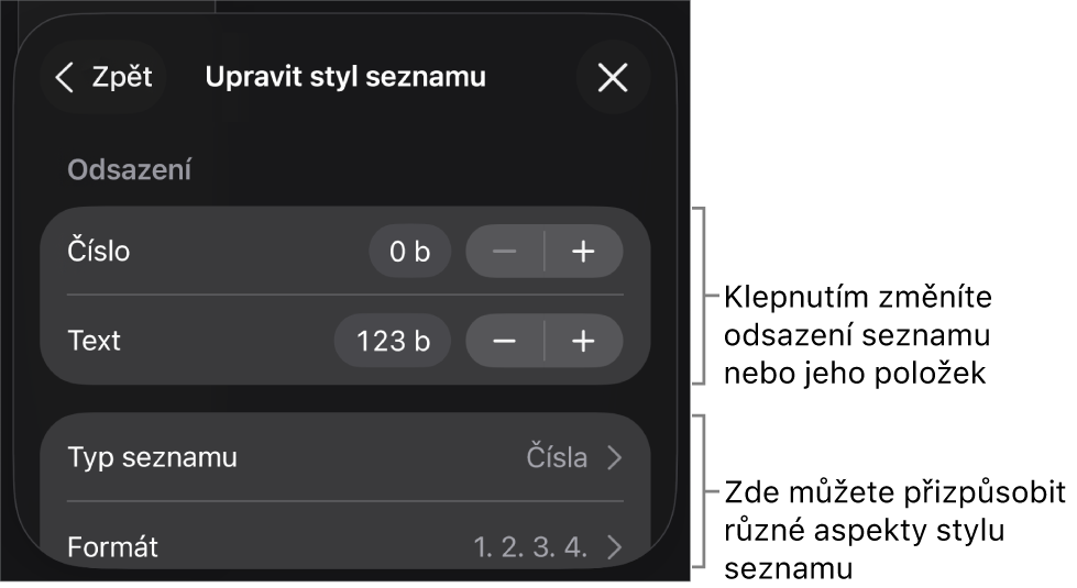Nabídka „Upravit styl seznamu“ s ovládacími prvky pro úpravu typu a vzhledu seznamu