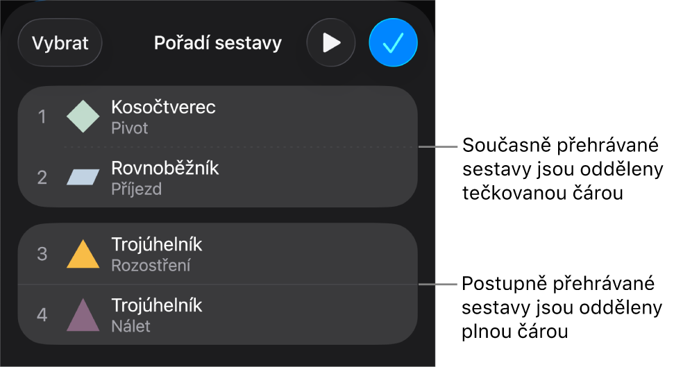 Nabídka Pořadí sestavy, v níž jsou souběžně přehrávané sestavy odděleny tečkovanou čarou a postupně přehrávané sestavy odděleny plnou čarou
