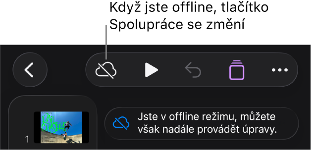 Tlačítka u horního okraje obrazovky, mezi nimiž je tlačítko Spolupráce změněné na ikonu mraku přeškrtnutého diagonální linkou. Na obrazovce se zobrazí upozornění „Jste v offline režimu, můžete však nadále provádět úpravy.“
