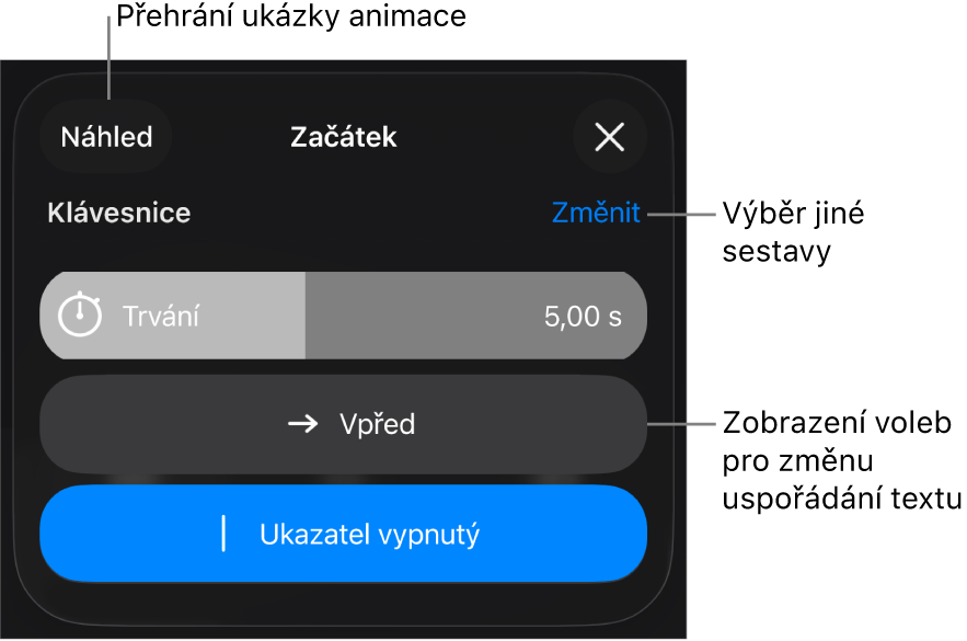 K volbám začátku patří Trvání, Animace textu a Provedení. Chcete-li vybrat jinou sestavu, klepněte na Změnit. Klepnutím na Náhled spustíte náhled sestavy