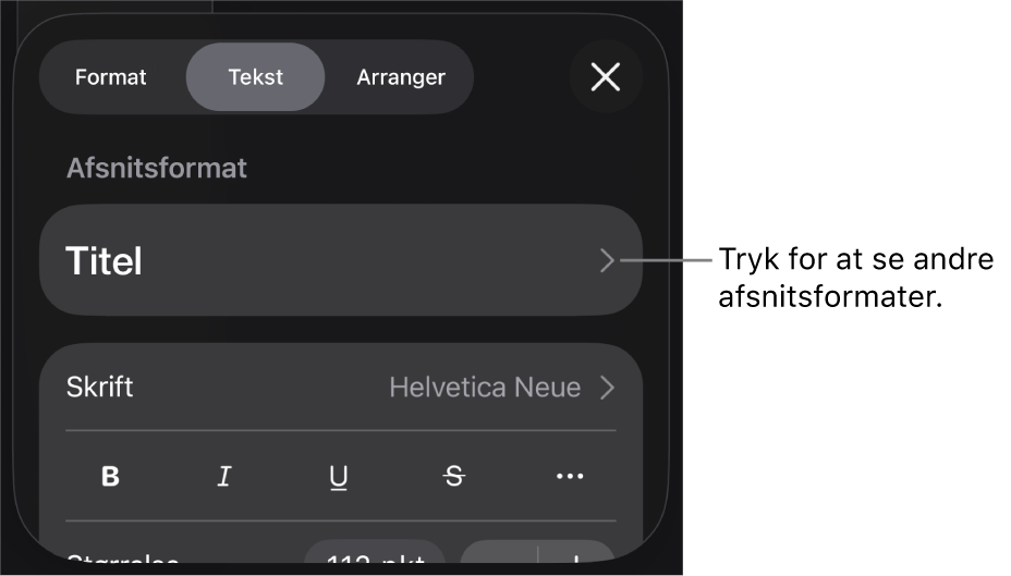 Menuen Format, der viser betjeningsmuligheder til tekst til indstilling af afsnits- og tegnformater, skrift, størrelse og farve.