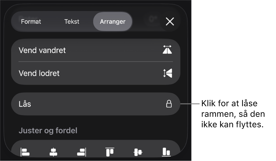 Betjeningsmulighederne under Arranger på menuen Format med knappen Lås fremhævet.