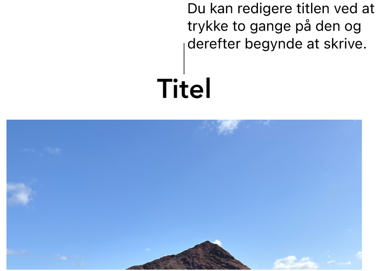Eksempeltitlen “Titel” vises under et foto, og en blå kontur rundt om feltet med titlen viser, at det er valgt.