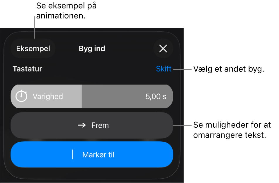 Mulighederne til Byg ind omfatter Varighed, Tekstanimation og Visning. Tryk på Skift for at vælge et andet byg, eller tryk på Eksempel for at se et eksempel på bygget.