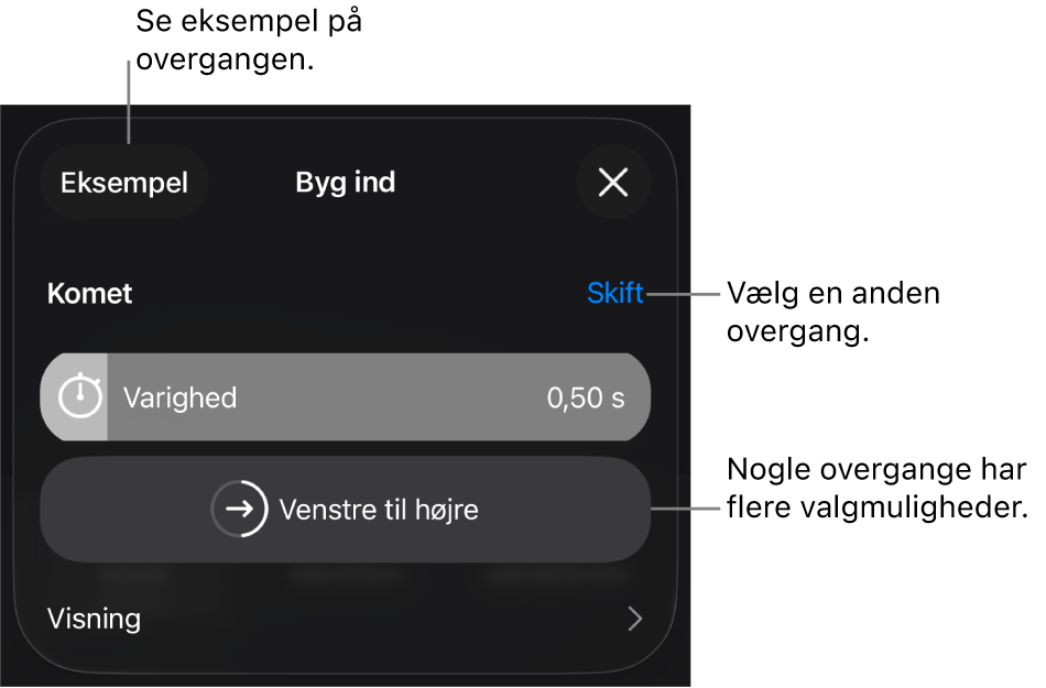 Betjeningsmuligheder til ændring af en overgang i vinduet Indstillinger.