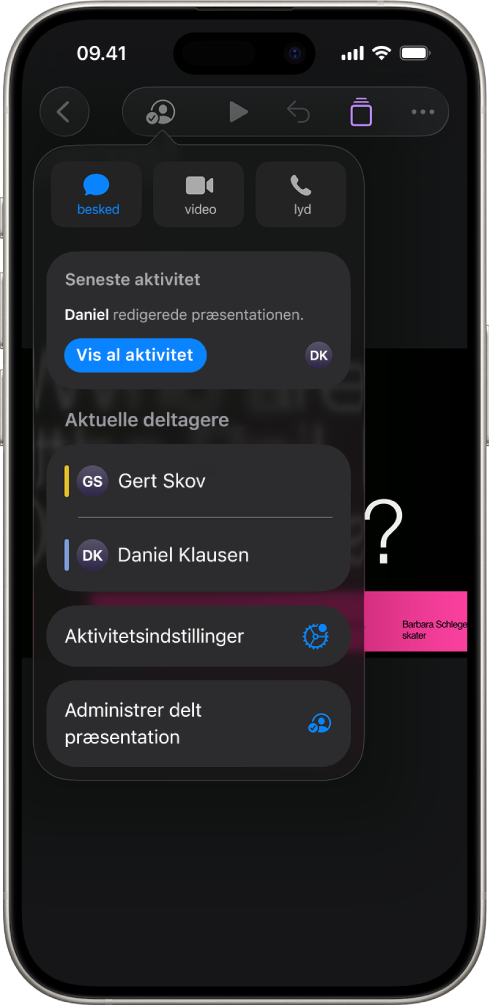 Samarbejdsmenuen, der viser navnene på de personer, der samarbejder om præsentationen.