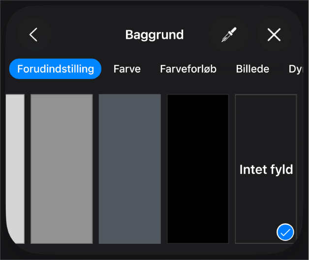 Betjeningsmulighederne til Udfyld med Intet fyld valgt.