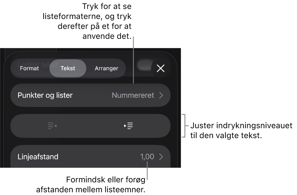 Området Punkter & lister under betjeningsmulighederne til format med billedforklaringer til Punkter & lister, knapperne Ryk ind og Ryk ud og betjeningsmulighederne til linjeafstand.