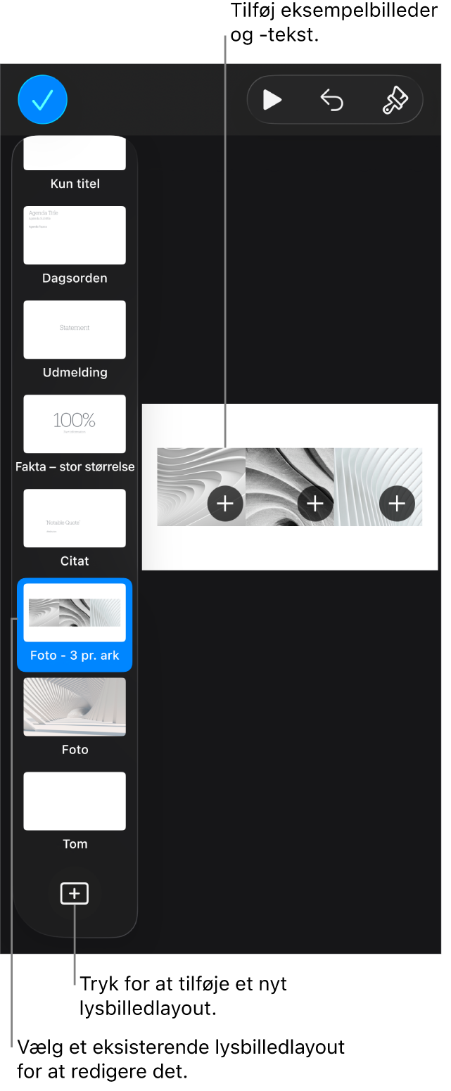 Et lysbilledlayout vises på lysbilledlærredet med knappen Tilføj lysbilledlayout nederst i lysbillednavigatoren.