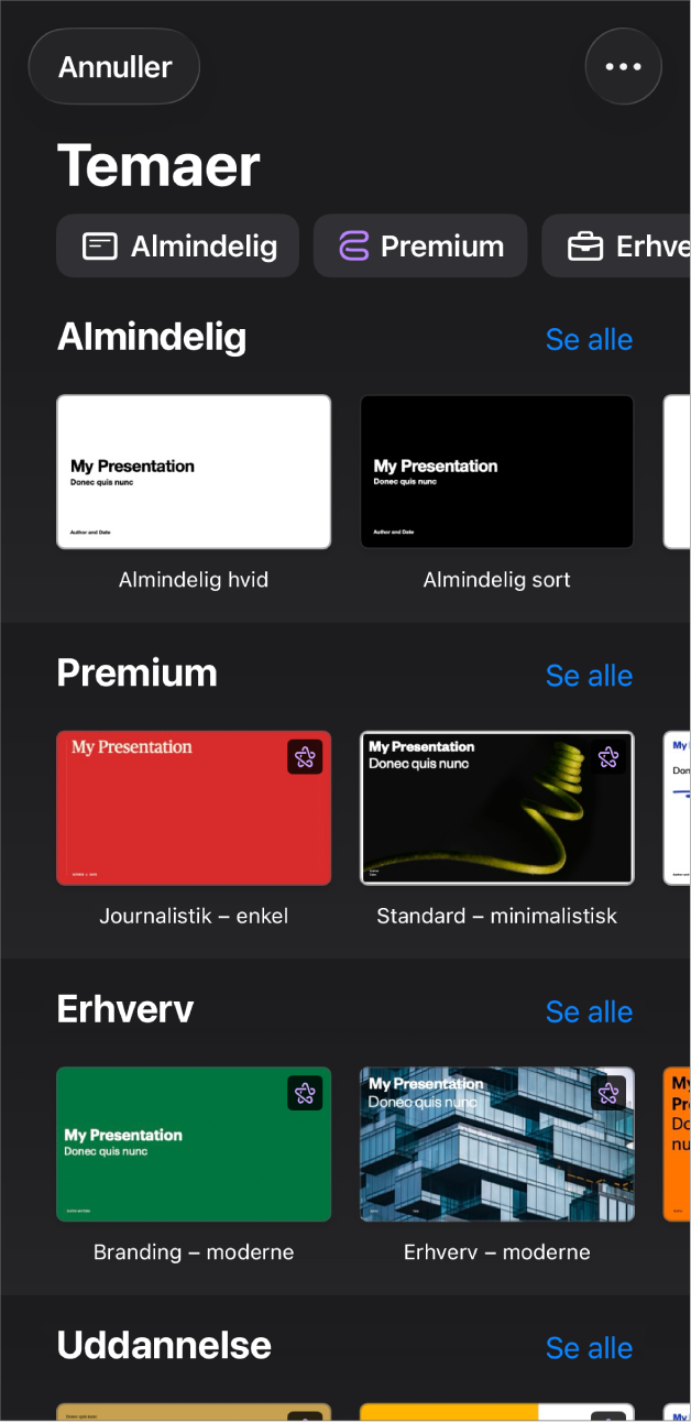 Temavælgeren, der viser en række kategorier langs toppen, som du kan trykke på for at filtrere mulighederne. Derunder ses miniaturer af færdige temaer opstillet i rækker efter kategori.
