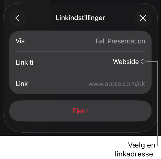 Webside er valgt i betjeningsmulighederne til Linkindstillinger, og nederst er knappen Fjern.