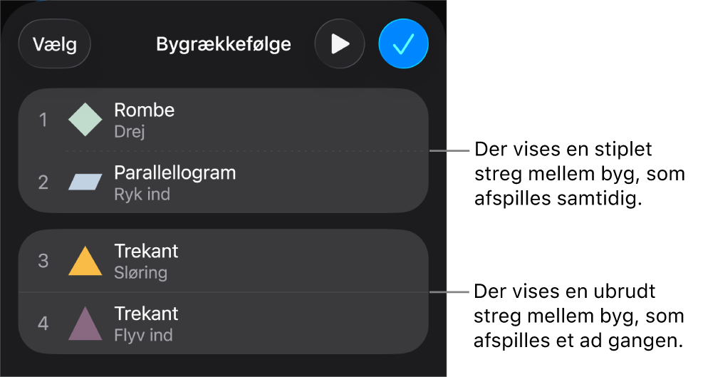 Menuen Bygrækkefølge med en stiplet streg mellem byg, der afspilles samtidig, og en ubrudt streg mellem byg, der afspilles et ad gangen.