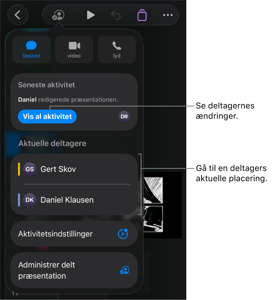 Samarbejdsmenuen, hvor aktuelle deltagere er angivet.
