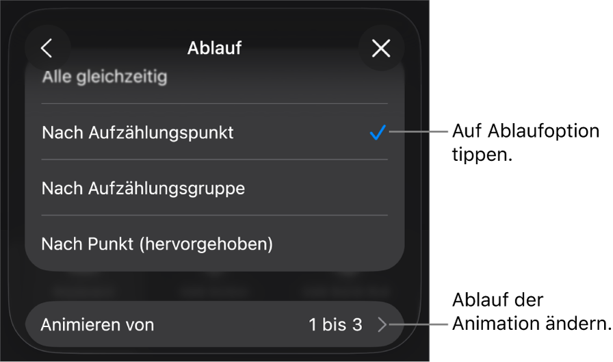Ablaufoptionen im Bereich „Aufbau“