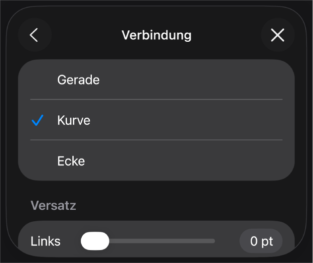 Die Steuerelemente im Abschnitt „Verbindung“ mit dem ausgewählten Element „Kurve“.