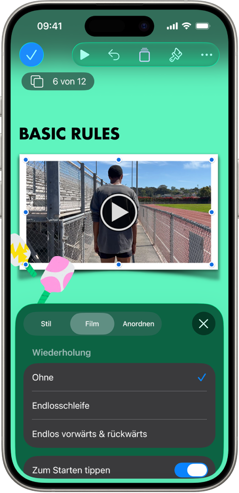 Die Steuerelemente für „Format“ zum Ändern von Größe und Erscheinungsbild des ausgewählten Videos. Die Tasten „Stil“, „Film“ und „Anordnen“ werden über den Steuerelementen angezeigt.