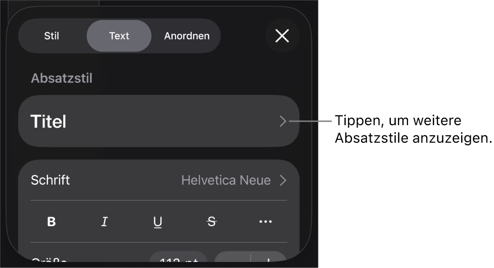 Das Menü „Format“ mit Textsteuerelementen zum Festlegen von Absatz- und Zeichenstilen, Schrift, Größe und Farbe