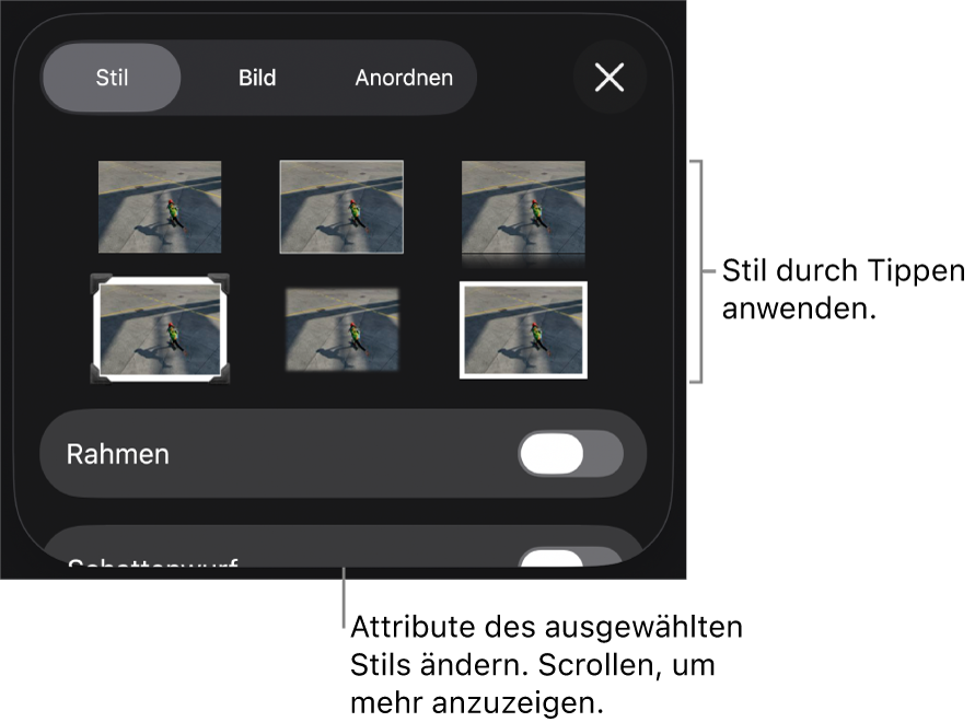 Der Tab „Stil“ des Menüs „Format“ mit Objektstilen oben und darunter einem Steuerelement zum Ändern des Rahmens