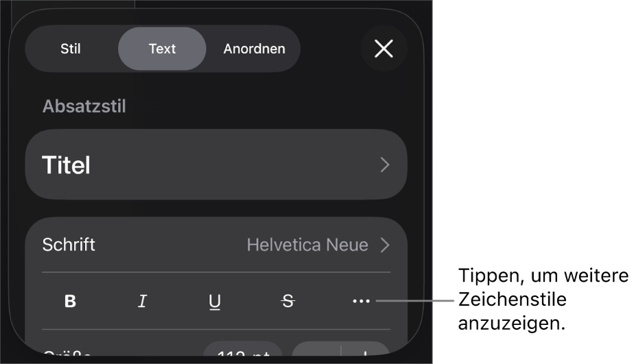 Die Steuerelemente für das Format mit Absatzstilen oben, dann die Steuerelemente für die Schrift. Unter „Schrift“ befinden sich die Tasten „Fett“, „Kursiv“, „Unterstrichen“, „Durchgestrichen“ und „Weitere Textoptionen“.