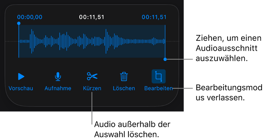 Steuerelemente für die Audiobearbeitung. Aktivpunkte geben den ausgewählten Bereich der Aufnahme an, darunter befinden sich Tasten für Hörprobe, Aufnahme, Kürzen, Löschen und Bearbeitungsmodus.