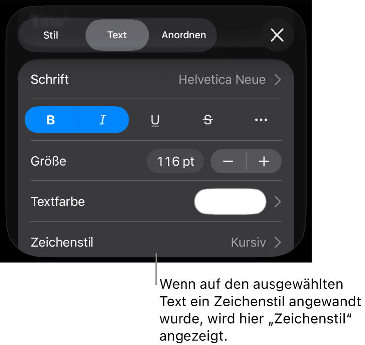 Die Steuerelemente für die Textformatierung mit „Zeichenstil“ unter den Farbsteuerungen Der Zeichenstil „Ohne“ mit einem Stern