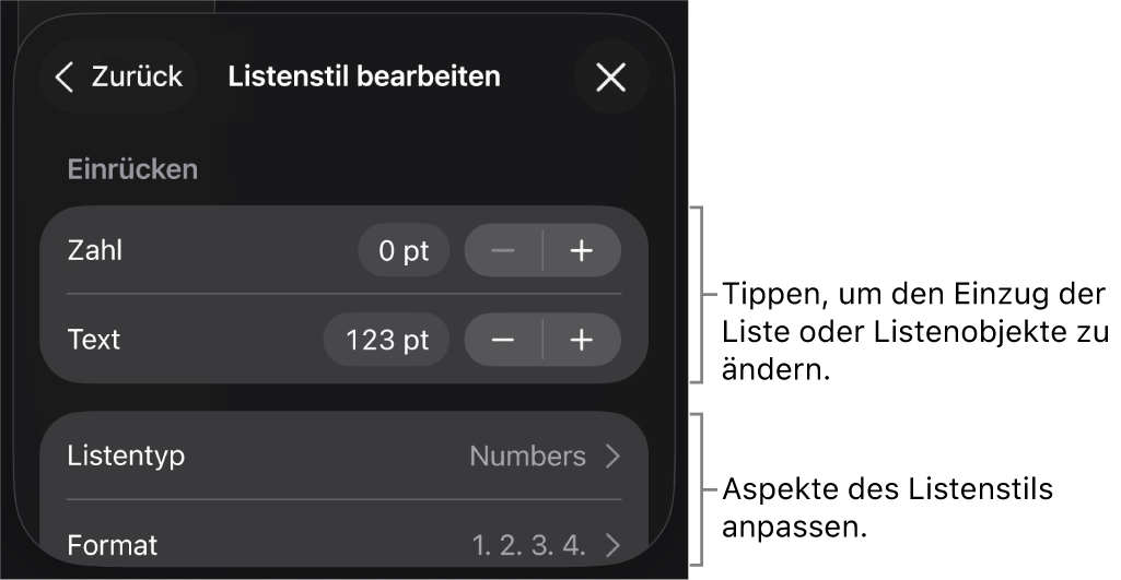 Das Menü „Listenstil bearbeiten“ mit Steuerelementen zum Bearbeiten des Typs und Erscheinungsbilds der Liste.