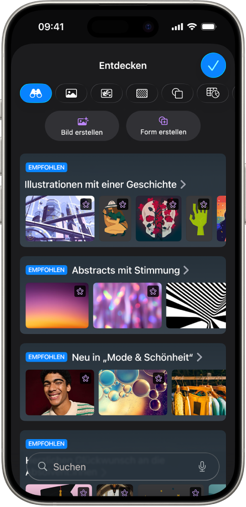 Die Kategorie „Entdecken“ des Content Hubs zeigt Optionen zum Generieren eines Bildes oder zum Hinzufügen von Premiumbildern zu einer Folie.
