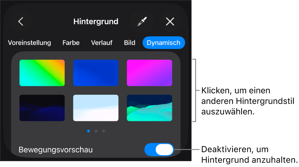 Die Steuerelemente für den dynamischen Hintergrund mit den Miniaturen der Hintergrundstile und der Taste „Bewegungsvorschau“.