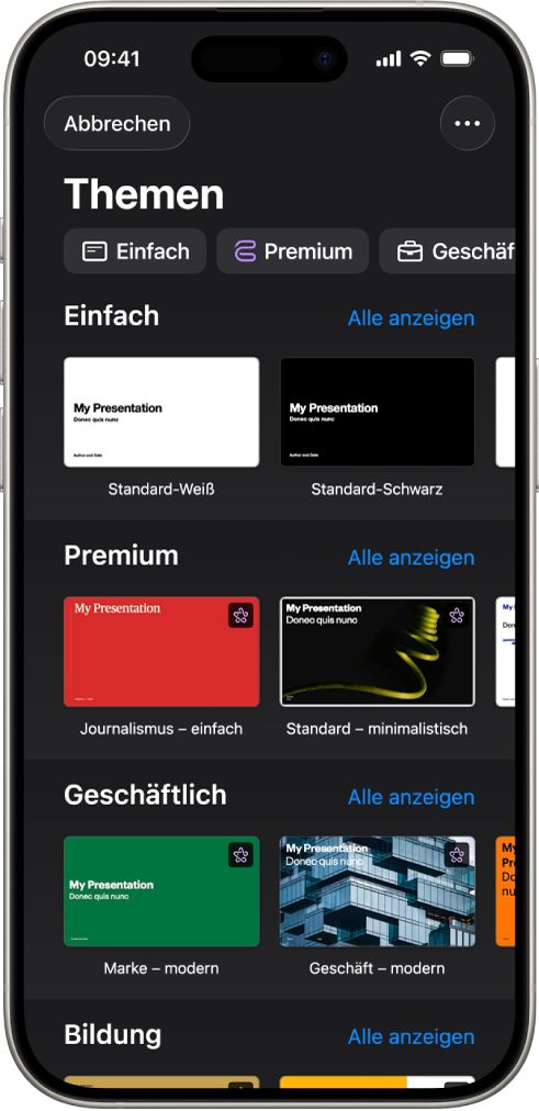 &nbsp;Die Themenauswahl zeigt oben eine Zeile mit Kategorien, auf die du tippen kannst, um die Optionen zu filtern. Darunter sind Miniaturen der vordefinierten Themen in Zeilen nach Kategorie sortiert.