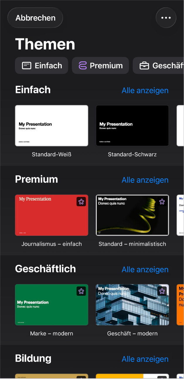 Die Themenauswahl zeigt oben eine Zeile mit Kategorien, auf die du tippen kannst, um die Optionen zu filtern. Darunter sind Miniaturen der vordefinierten Themen in Zeilen nach Kategorie sortiert.