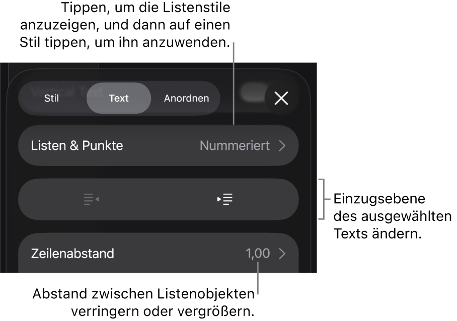 Der Abschnitt „Listen & Punkte“ der Formatsteuerungen mit Beschreibungen für „Listen & Punkte“, den Tasten „Einrücken“ und „Ausrücken“ und Steuerelemente für den Zeilenabstand
