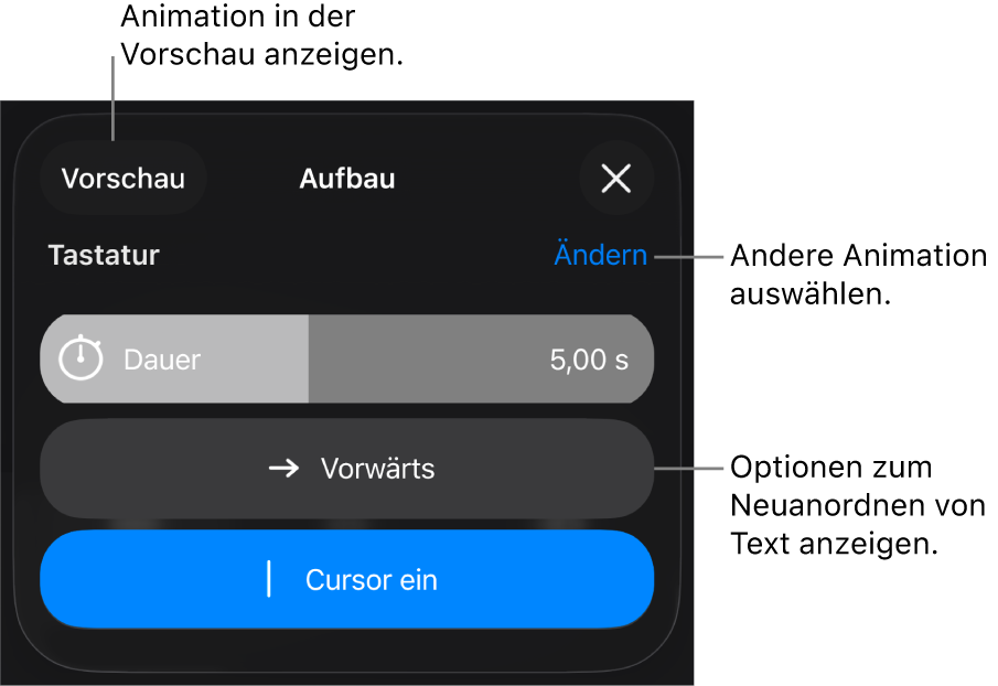 Animationsoptionen wie „Dauer“, „Textanimation“ und „Ablauf“. Tippe auf „Ändern“, um eine andere Animation zu wählen, oder tippe auf „Vorschau“, um eine Vorschau der Animation anzuzeigen.