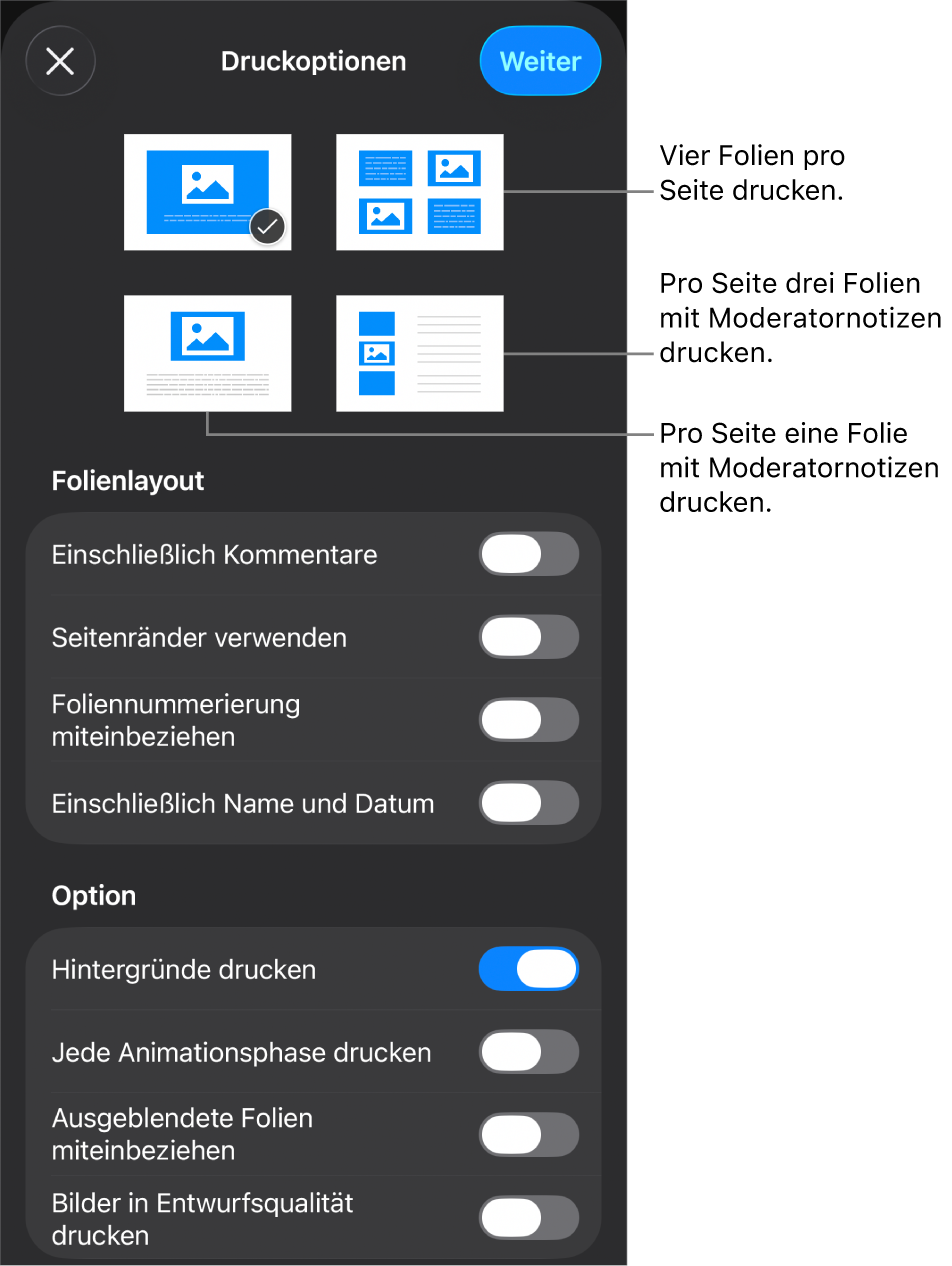 Optionen für das Drucklayout.
