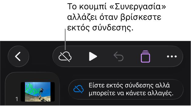 Τα κουμπιά στο πάνω μέρος της οθόνης, και το κουμπί «Συνεργασία» έχει αλλάξει σε σύννεφο με μια διαγώνια γραμμή που το διαπερνά. Μια ειδοποίηση στην οθόνη που λέει «Είστε εκτός σύνδεσης αλλά μπορείτε να κάνετε αλλαγές».