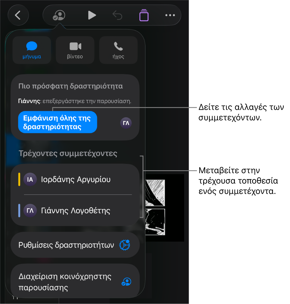 Το μενού συνεργασίας με τους τρέχοντες συμμετέχοντες.