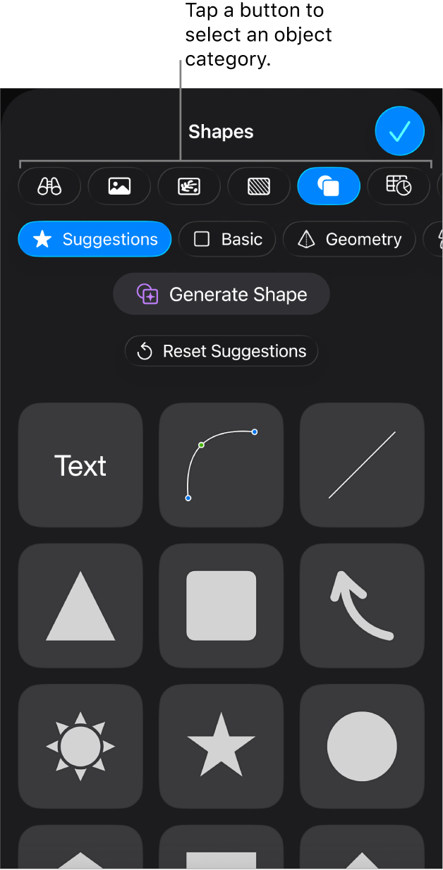The controls for adding an object, with buttons at the top to select tables, graphs, shapes (including lines and text boxes), and media.