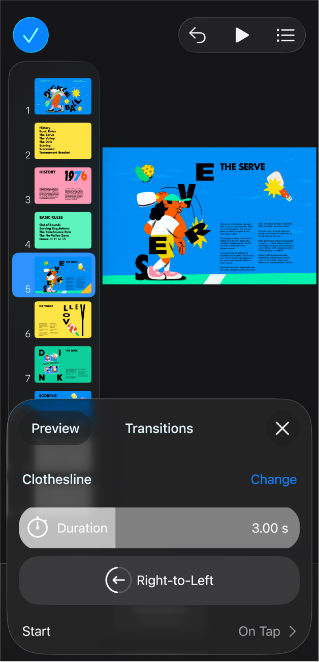 The Keynote app with a slide selected in the slide navigator on the left side of the screen. The Transition button appears in the menu to the right of the selected slide.
