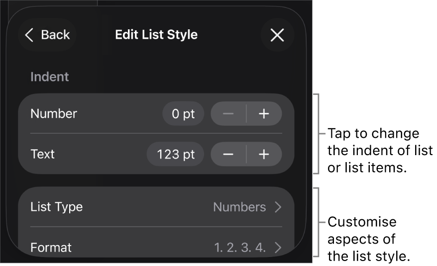Edit List Style menu with controls for editing the list’s type and appearance.