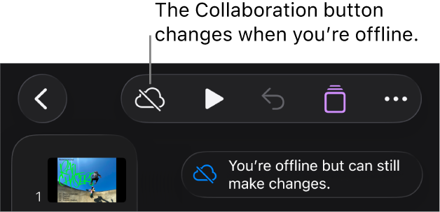 The buttons at the top of the screen, with the Collaboration button changed to a cloud with a diagonal line through it. An alert on the screen says “You’re offline but can still edit”.