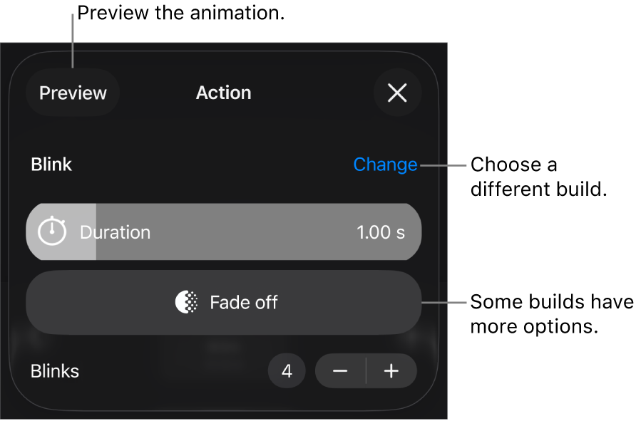 Build options include Duration and Start timing. Tap Change to choose a different build or tap Preview to preview the build.